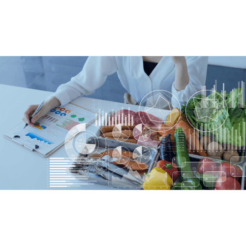 Person analyzing graphs on a clipboard next to a variety of fresh vegetables, with digital data overlay.